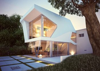 A modern two-story luxury real estate property with an asymmetrical, angular design featuring large glass windows. The ground floor has an open-plan living area visible through the glass walls. Surrounded by greenery, the house boasts a tree and a tiled patio in the foreground. | RealEstateMarket