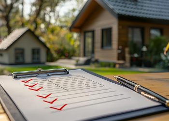 A clipboard with a checklist and a pen rests on a wooden surface outdoors, with a house and a small model house in the blurred background surrounded by greenery. | RealEstateMarket