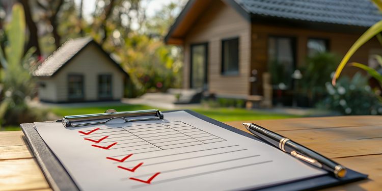 A clipboard with a checklist and a pen rests on a wooden surface outdoors, with a house and a small model house in the blurred background surrounded by greenery. | RealEstateMarket