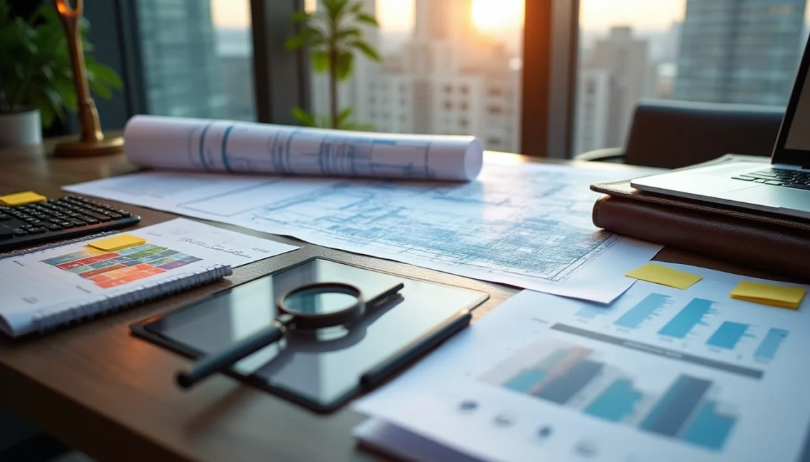 A modern office desk set for Real Estate Due Diligence, with charts, graphs, blueprints, a magnifying glass, notebook, calculators, and a laptop—all framed by large windows overlooking a city skyline at sunset. | RealEstateMarket