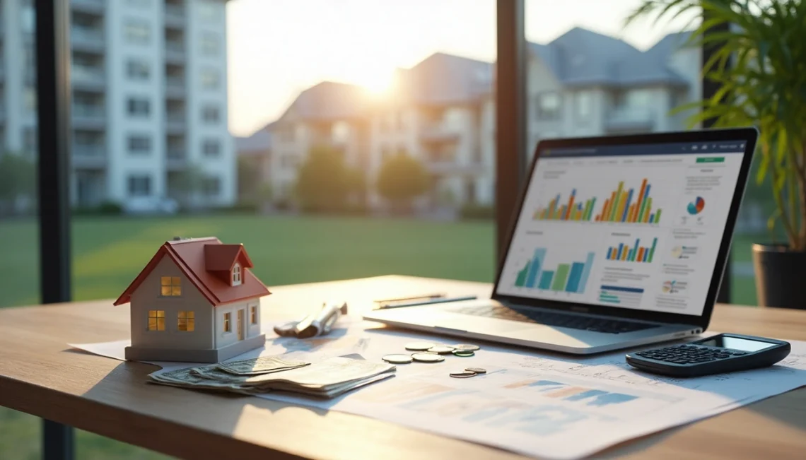 A desk with paperwork, a model house, cash, coins, a calculator, and a laptop displaying charts sits by a window—perfect for real estate investment planning—with apartment buildings and green lawns visible outside at sunset. | RealEstateMarket