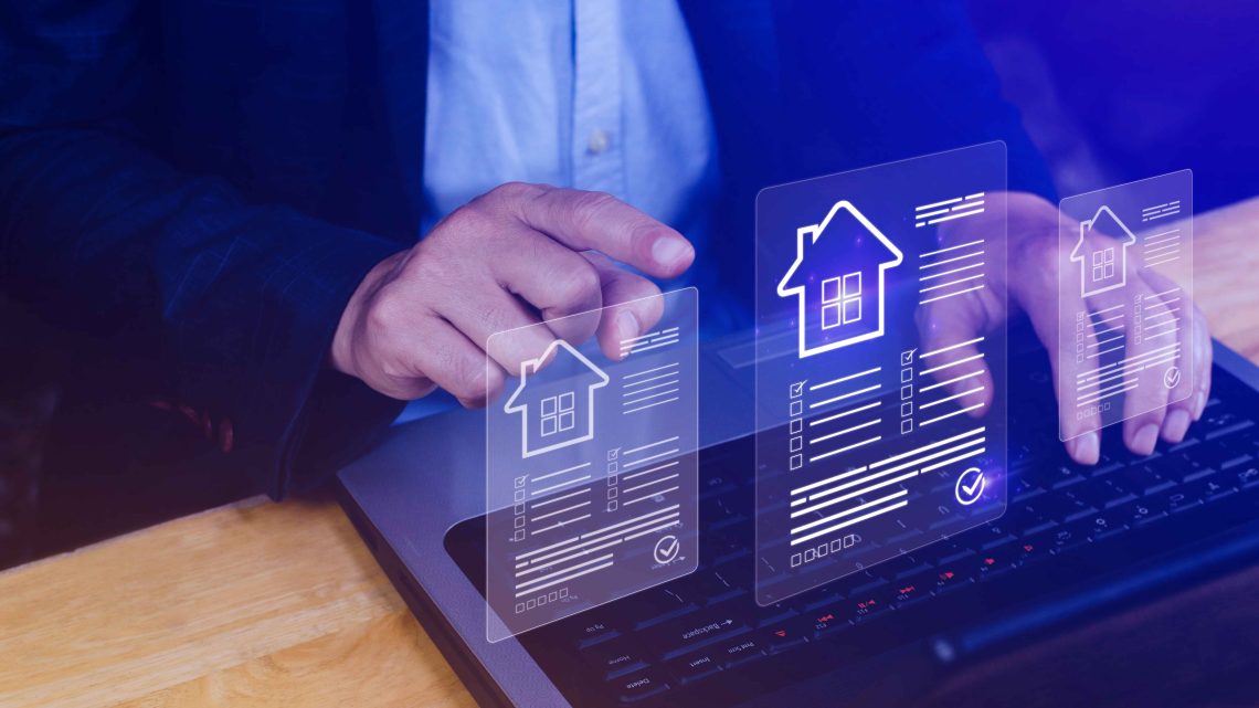 A person uses a laptop, interacting with virtual screens displaying house icons and checklists, suggesting online real estate or digital property management. | RealEstateMarket