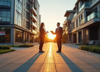 Two people in business attire stand facing each other on a modern city street at sunset, engaged in conversation. Tall buildings line both sides, casting long shadows across the wide sidewalk. | RealEstateMarket