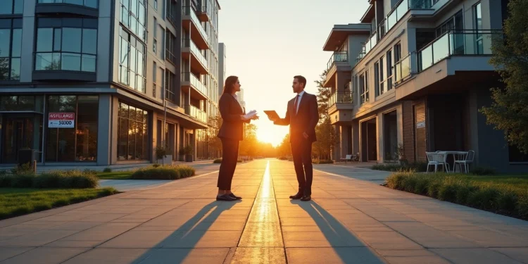 Two people in business attire stand facing each other on a modern city street at sunset, engaged in conversation. Tall buildings line both sides, casting long shadows across the wide sidewalk. | RealEstateMarket