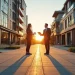 Two people in business attire stand facing each other on a modern city street at sunset, engaged in conversation. Tall buildings line both sides, casting long shadows across the wide sidewalk. | RealEstateMarket