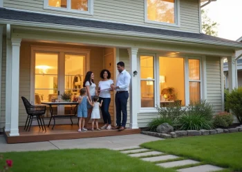 A family of five, including two adults and three children, stands and smiles together on the front porch of a beige house at dusk, surrounded by a well-kept lawn and warm indoor lighting. | RealEstateMarket