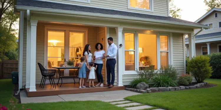 A family of five, including two adults and three children, stands and smiles together on the front porch of a beige house at dusk, surrounded by a well-kept lawn and warm indoor lighting. | RealEstateMarket