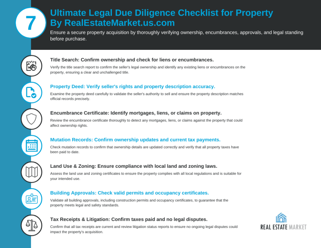 Infographic titled “Ultimate Legal Due Diligence Checklist for Property” lists seven essential due diligence legal checks before purchase, each with an icon, short description, and tips. Includes Real Estate Market logo at the bottom right. | RealEstateMarket