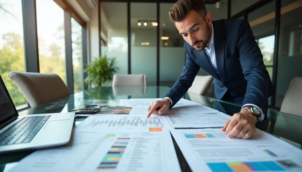 A man in a suit leans over a conference table covered with charts, graphs, and documents, conducting due diligence as he analyzes data in a modern office setting with large windows and a laptop nearby. | RealEstateMarket