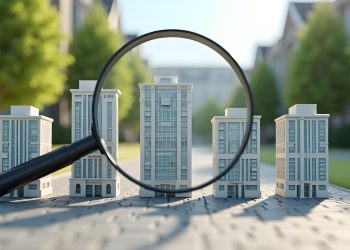 A magnifying glass focuses on a model of a modern high-rise building, surrounded by similar building models, with a tree-lined street blurred in the background. | RealEstateMarket