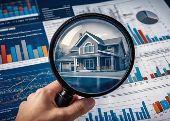 A hand holds a magnifying glass over charts and graphs, focusing on an image of a house, symbolizing real estate analysis and housing market research. | RealEstateMarket