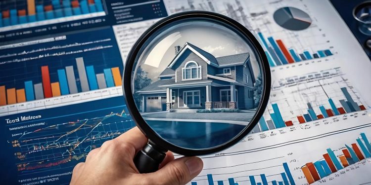 A hand holds a magnifying glass over charts and graphs, focusing on an image of a house, symbolizing real estate analysis and housing market research. | RealEstateMarket