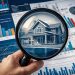 A hand holds a magnifying glass over charts and graphs, focusing on an image of a house, symbolizing real estate analysis and housing market research. | RealEstateMarket
