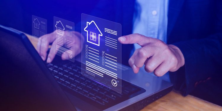 A person uses a laptop, interacting with floating digital icons of house listings, suggesting online real estate or property search. The scene has a blue tint and shows a hand touching a virtual screen. | RealEstateMarket