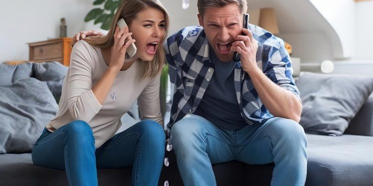 A worried couple sits on a couch, talking on their phones while water leaks from the ceiling into a blue bucket on the floor, causing a large puddle in their living room. | RealEstateMarket
