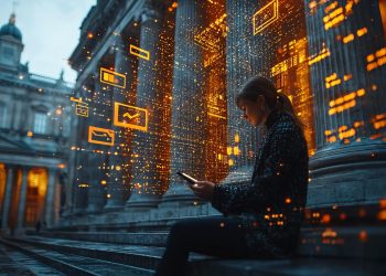 A person sits on stone steps outside a grand, columned building at dusk, using a tablet. Orange digital icons and data graphics float around them, blending technology with the classical architecture. | RealEstateMarket