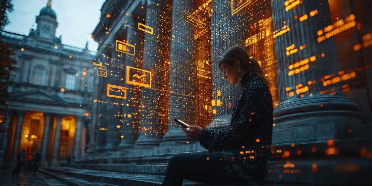 A person sits on stone steps outside a grand, columned building at dusk, using a tablet. Orange digital icons and data graphics float around them, blending technology with the classical architecture. | RealEstateMarket